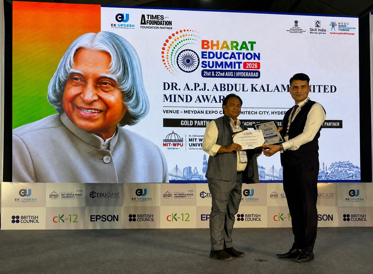 Rev. Bro. Anthony Polishetty receiving the Dr. A.P.J. Abdul Kalam Ignited Mind Principal's Award 2026 at the Bharat Education Summit, Hyderabad